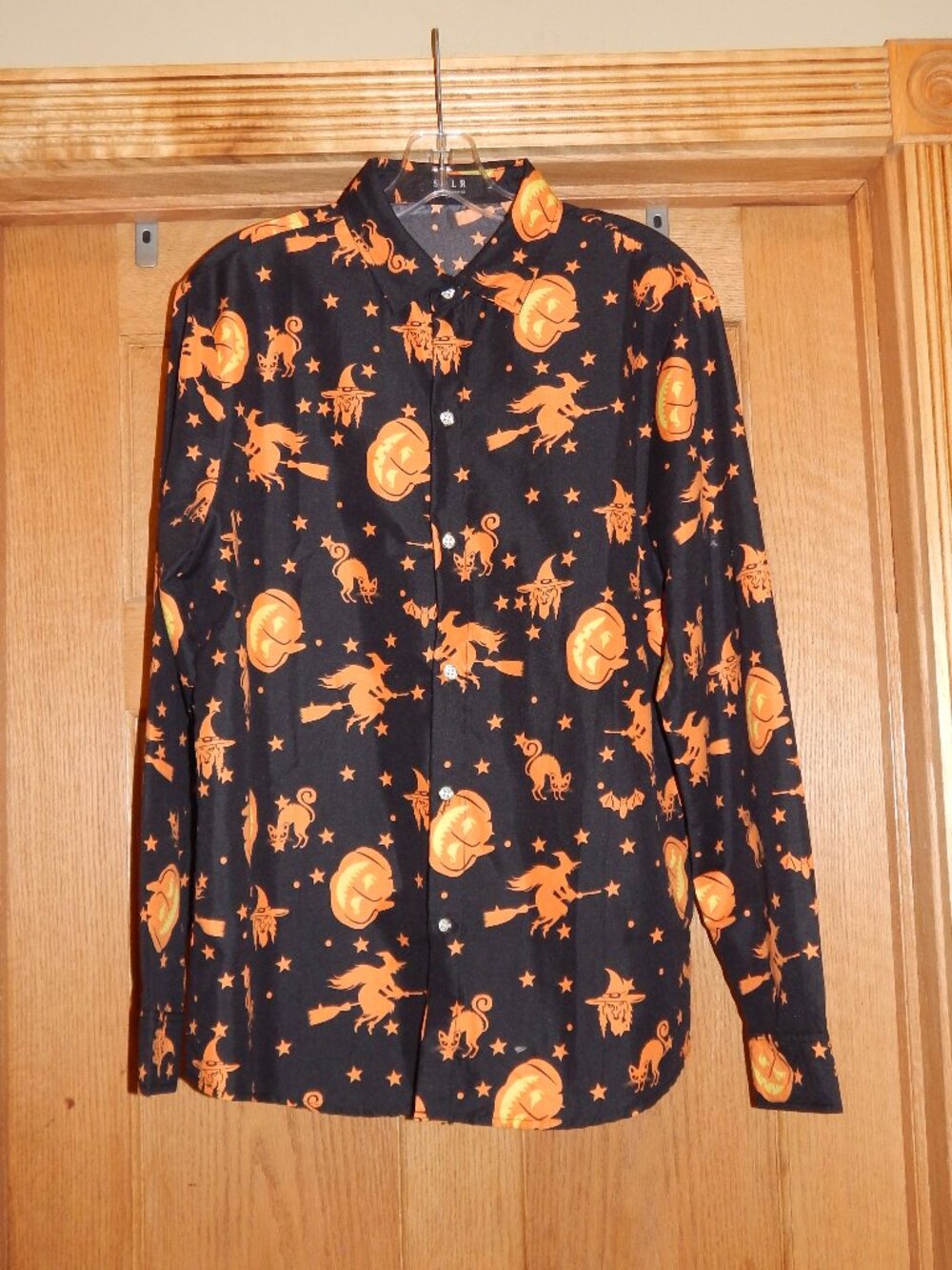 SSLR Mens Size M Halloween All Over Print Pumpkin Jack-O-Lantern Cat Witch Shirt